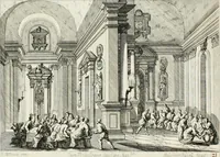 An illustration from Ioannis Guilielmi Baurn Iconographia : complectens In se passionem, miracula, vitam Christi universam : nec non, prospectus rarissimorum portuum, palatiorum, hortorum, historiarum, aliarumq[ue] rerum, quae per Italiam spectatu sunt dignae (1671)