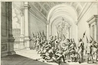 An illustration from Ioannis Guilielmi Baurn Iconographia : complectens In se passionem, miracula, vitam Christi universam : nec non, prospectus rarissimorum portuum, palatiorum, hortorum, historiarum, aliarumq[ue] rerum, quae per Italiam spectatu sunt dignae (1671)