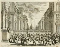 An illustration from Ioannis Guilielmi Baurn Iconographia : complectens In se passionem, miracula, vitam Christi universam : nec non, prospectus rarissimorum portuum, palatiorum, hortorum, historiarum, aliarumq[ue] rerum, quae per Italiam spectatu sunt dignae (1671)