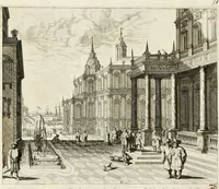 An illustration from Ioannis Guilielmi Baurn Iconographia : complectens In se passionem, miracula, vitam Christi universam : nec non, prospectus rarissimorum portuum, palatiorum, hortorum, historiarum, aliarumq[ue] rerum, quae per Italiam spectatu sunt dignae (1671)