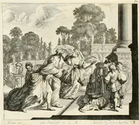 An illustration from Ioannis Guilielmi Baurn Iconographia : complectens In se passionem, miracula, vitam Christi universam : nec non, prospectus rarissimorum portuum, palatiorum, hortorum, historiarum, aliarumq[ue] rerum, quae per Italiam spectatu sunt dignae (1671)
