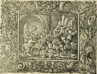 Picture 85 of 181 from Iohan. Posthii Germershemii Tetrasticha in Ovidii Metam. lib. XV. qvibus accesserunt Vergilij Solis figurae elegantiss. & iam primùm in lucem editae = Schoene Figuren auss dem fuertrefflichen Poeten Ouidio, allen Malern, Goldtschmiden, und Bildthauwern, zü nutz unnd gütem mit fleiss gerissen (1563), leaf 105