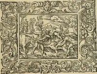 Picture 108 of 181 from Iohan. Posthii Germershemii Tetrasticha in Ovidii Metam. lib. XV. qvibus accesserunt Vergilij Solis figurae elegantiss. & iam primùm in lucem editae = Schoene Figuren auss dem fuertrefflichen Poeten Ouidio, allen Malern, Goldtschmiden, und Bildthauwern, zü nutz unnd gütem mit fleiss gerissen (1563), leaf 128