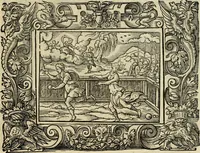 Picture 130 of 181 from Iohan. Posthii Germershemii Tetrasticha in Ovidii Metam. lib. XV. qvibus accesserunt Vergilij Solis figurae elegantiss. & iam primùm in lucem editae = Schoene Figuren auss dem fuertrefflichen Poeten Ouidio, allen Malern, Goldtschmiden, und Bildthauwern, zü nutz unnd gütem mit fleiss gerissen (1563), leaf 150
