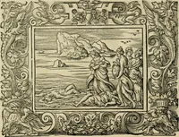 Picture 157 of 181 from Iohan. Posthii Germershemii Tetrasticha in Ovidii Metam. lib. XV. qvibus accesserunt Vergilij Solis figurae elegantiss. & iam primùm in lucem editae = Schoene Figuren auss dem fuertrefflichen Poeten Ouidio, allen Malern, Goldtschmiden, und Bildthauwern, zü nutz unnd gütem mit fleiss gerissen (1563), leaf 177
