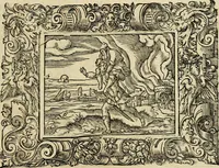 Picture 160 of 181 from Iohan. Posthii Germershemii Tetrasticha in Ovidii Metam. lib. XV. qvibus accesserunt Vergilij Solis figurae elegantiss. & iam primùm in lucem editae = Schoene Figuren auss dem fuertrefflichen Poeten Ouidio, allen Malern, Goldtschmiden, und Bildthauwern, zü nutz unnd gütem mit fleiss gerissen (1563), leaf 180