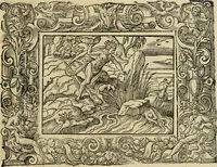Picture 162 of 181 from Iohan. Posthii Germershemii Tetrasticha in Ovidii Metam. lib. XV. qvibus accesserunt Vergilij Solis figurae elegantiss. & iam primùm in lucem editae = Schoene Figuren auss dem fuertrefflichen Poeten Ouidio, allen Malern, Goldtschmiden, und Bildthauwern, zü nutz unnd gütem mit fleiss gerissen (1563), leaf 182