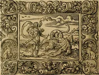 Picture 14 of 181 from Iohan. Posthii Germershemii Tetrasticha in Ovidii Metam. lib. XV. qvibus accesserunt Vergilij Solis figurae elegantiss. & iam primùm in lucem editae = Schoene Figuren auss dem fuertrefflichen Poeten Ouidio, allen Malern, Goldtschmiden, und Bildthauwern, zü nutz unnd gütem mit fleiss gerissen (1563), leaf 33