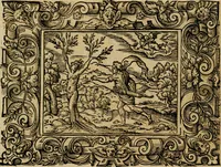 Picture 16 of 181 from Iohan. Posthii Germershemii Tetrasticha in Ovidii Metam. lib. XV. qvibus accesserunt Vergilij Solis figurae elegantiss. & iam primùm in lucem editae = Schoene Figuren auss dem fuertrefflichen Poeten Ouidio, allen Malern, Goldtschmiden, und Bildthauwern, zü nutz unnd gütem mit fleiss gerissen (1563), leaf 35
