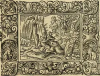 Picture 27 of 181 from Iohan. Posthii Germershemii Tetrasticha in Ovidii Metam. lib. XV. qvibus accesserunt Vergilij Solis figurae elegantiss. & iam primùm in lucem editae = Schoene Figuren auss dem fuertrefflichen Poeten Ouidio, allen Malern, Goldtschmiden, und Bildthauwern, zü nutz unnd gütem mit fleiss gerissen (1563), leaf 46