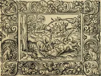 Picture 43 of 181 from Iohan. Posthii Germershemii Tetrasticha in Ovidii Metam. lib. XV. qvibus accesserunt Vergilij Solis figurae elegantiss. & iam primùm in lucem editae = Schoene Figuren auss dem fuertrefflichen Poeten Ouidio, allen Malern, Goldtschmiden, und Bildthauwern, zü nutz unnd gütem mit fleiss gerissen (1563), leaf 62