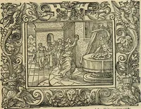 Picture 77 of 181 from Iohan. Posthii Germershemii Tetrasticha in Ovidii Metam. lib. XV. qvibus accesserunt Vergilij Solis figurae elegantiss. & iam primùm in lucem editae = Schoene Figuren auss dem fuertrefflichen Poeten Ouidio, allen Malern, Goldtschmiden, und Bildthauwern, zü nutz unnd gütem mit fleiss gerissen (1563), leaf 96