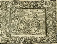 Picture 80 of 181 from Iohan. Posthii Germershemii Tetrasticha in Ovidii Metam. lib. XV. qvibus accesserunt Vergilij Solis figurae elegantiss. & iam primùm in lucem editae = Schoene Figuren auss dem fuertrefflichen Poeten Ouidio, allen Malern, Goldtschmiden, und Bildthauwern, zü nutz unnd gütem mit fleiss gerissen (1563), leaf 99