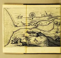 An illustration from Iournael ofte Beschrijvinghe van de wonderlijcke reyse, gedaen door Willem Cornelisz. Schouten van Hoorn, in de jaren 1615. 1616. en 1617. : Hoe hy bezuyden de Straet van Magellanes een nieuwe passagie ofte strate, tot inde groote Zuyd-zee, ontdeckt, ende voort den geheelen aerdt-kloot omgezeylt heeft. Wat eylanden, vreemde volcken en wonderlijcke avontueren hem ontmoet zijn (1648)