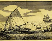 An illustration from Iournael ofte Beschrijvinghe van de wonderlijcke reyse, gedaen door Willem Cornelisz. Schouten van Hoorn, in de jaren 1615. 1616. en 1617. : Hoe hy bezuyden de Straet van Magellanes een nieuwe passagie ofte strate, tot inde groote Zuyd-zee, ontdeckt, ende voort den geheelen aerdt-kloot omgezeylt heeft. Wat eylanden, vreemde volcken en wonderlijcke avontueren hem ontmoet zijn (1648)