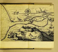 An illustration from Iournael ofte Beschrijvinghe van de wonderlijcke reyse, gedaen door Willem Cornelisz. Schouten van Hoorn, in de jaren 1615. 1616. en 1617. : Hoe hy bezuyden de Straet van Magellanes een nieuwe passagie ofte strate, tot inde groote Zuyd-zee, ontdeckt, ende voort den geheelen aerdt-kloot omgezeylt heeft. Wat eylanden, vreemde volcken en wonderlijcke avontueren hem ontmoet zijn (1648)