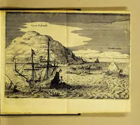 An illustration from Iournael ofte Beschrijvinghe van de wonderlijcke reyse, gedaen door Willem Cornelisz. Schouten van Hoorn, in de jaren 1615. 1616. en 1617. : Hoe hy bezuyden de Straet van Magellanes een nieuwe passagie ofte strate, tot inde groote Zuyd-zee, ontdeckt, ende voort den geheelen aerdt-kloot omgezeylt heeft. Wat eylanden, vreemde volcken en wonderlijcke avontueren hem ontmoet zijn (1648)