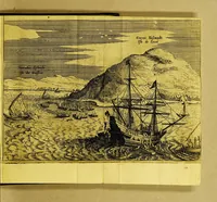 An illustration from Iournael ofte beschryving vande wonderlijcke voyagie, : ghedaen door VVillem Cornelisz Schouten, van Hoorn, in den Iaere 1615, 1616, ende 1617. Hoe hy bezuyden de Straete van Magellanes, een nieuwe passagie ontdeckt, en de geheele aerd-cloot om-gezeylt heeft (1649)