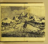 An illustration from Iournael ofte beschryving vande wonderlijcke voyagie, : ghedaen door VVillem Cornelisz Schouten, van Hoorn, in den Iaere 1615, 1616, ende 1617. Hoe hy bezuyden de Straete van Magellanes, een nieuwe passagie ontdeckt, en de geheele aerd-cloot om-gezeylt heeft (1649)