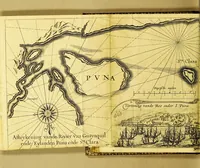 Picture 11 of 15 from Iournalen van drie voyagien, : te weten: 1. Van Mr. Thomas Candish, met drie schepen door de Magallaensche Straet rondom de werelt, inden jare 1586, 1587, en 1588. ... 2. Vande Heer Fransoys Draeck, ende Heer Jan Haukeins, ridderen, naer West-Indien gepretendeert Panama in te nemen ... in den jare 1593. Noch een beschryvinge vande zee vaert der geheeler werelt. Nassausche vloot, 3. ofte beschryvinge vande voyagie om den gantschen aert-kloot, door de Straet Lemaire, onder 't beleydt vanden Admirael Iaques L'Heremite, inde jaren 1623, 1624, 1625, en 1626. : Wy hebben hier achter by ghevoeght en beschrijvinghe vande regeringhe van Peru, door Pedro de Madriga ... met een kort verhael van Chili. Als mede een verhael van Capiteyn Pedro Fernandes de Quir ... aengaende de ontdeckinghe van't onbekent Austrialia . (1643), leaf 104