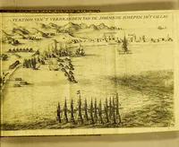Picture 9 of 15 from Iournalen van drie voyagien, : te weten: 1. Van Mr. Thomas Candish, met drie schepen door de Magallaensche Straet rondom de werelt, inden jare 1586, 1587, en 1588. ... 2. Vande Heer Fransoys Draeck, ende Heer Jan Haukeins, ridderen, naer West-Indien gepretendeert Panama in te nemen ... in den jare 1593. Noch een beschryvinge vande zee vaert der geheeler werelt. Nassausche vloot, 3. ofte beschryvinge vande voyagie om den gantschen aert-kloot, door de Straet Lemaire, onder 't beleydt vanden Admirael Iaques L'Heremite, inde jaren 1623, 1624, 1625, en 1626. : Wy hebben hier achter by ghevoeght en beschrijvinghe vande regeringhe van Peru, door Pedro de Madriga ... met een kort verhael van Chili. Als mede een verhael van Capiteyn Pedro Fernandes de Quir ... aengaende de ontdeckinghe van't onbekent Austrialia . (1643), leaf 83