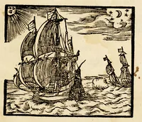 An illustration from Iovrnael ofte beschrijvinge vande reyse gedaen by den commandeur Dirck Albertsz Raven, nae Spitsberghen, in den jare 1639 ten dienste vande E. heeren bewindt-hebbers vande Groenlandtsche compagnie tot Hoorn : waer in verhaelt wordt sijn droevinghe schip-breucke, sijn ellende op't wrack, en sijn blijde verlossinge : met noch eenighe ghedenckwerdige historien (1647)