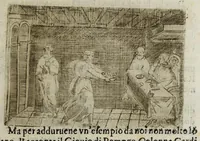 An illustration from I pomi d'oro / di Gio. Francesco Angelita, Roco Accademico Disuguale ; doue si contengono due lettioni, de' fichi l'vna, e de' melloni l'altra ; nelle quali non solo si scorgono le lor lodi, e le loro eccellenze, ma si scoprono molti segreti per vsarli, e per cultiuarli ; e si notano molti errori di diuersi grand'huomini intorno al loro sentimento ; aggiuntavi vna lettione della lvmaca doue si pruoua, ch'ella sia maestra della vita human .. (1607)