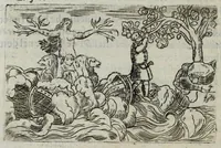 An illustration from I pomi d'oro / di Gio. Francesco Angelita, Roco Accademico Disuguale ; doue si contengono due lettioni, de' fichi l'vna, e de' melloni l'altra ; nelle quali non solo si scorgono le lor lodi, e le loro eccellenze, ma si scoprono molti segreti per vsarli, e per cultiuarli ; e si notano molti errori di diuersi grand'huomini intorno al loro sentimento ; aggiuntavi vna lettione della lvmaca doue si pruoua, ch'ella sia maestra della vita human .. (1607)