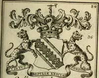 An illustration from The Irish compendium; or, Rudiments of honour. Containing the descents, marriages, issue, titles, posts, and seats of all the nobility of Ireland; with their arms, crests, supporters, mottos and Parliament robes ... Also a supplement, shewing the antiquity, dignity, and use of armories .. (1745)