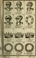 An illustration from The Irish compendium; or, Rudiments of honour. Containing the descents, marriages, issue, titles, posts, and seats of all the nobility of Ireland; with their arms, crests, supporters, mottos and Parliament robes ... Also a supplement, shewing the antiquity, dignity, and use of armories .. (1745)