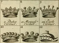 An illustration from The Irish compendium; or, Rudiments of honour. Containing the descents, marriages, issue, titles, posts, and seats of all the nobility of Ireland; with their arms, crests, supporters, mottos and Parliament robes ... Also a supplement, shewing the antiquity, dignity, and use of armories .. (1745)