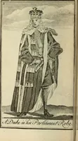 An illustration from The Irish compendium; or, Rudiments of honour. Containing the descents, marriages, issue, titles, posts, and seats of all the nobility of Ireland; with their arms, crests, supporters, mottos and Parliament robes ... Also a supplement, shewing the antiquity, dignity, and use of armories .. (1745)