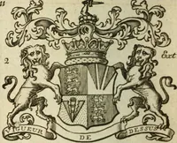 An illustration from The Irish compendium; or, Rudiments of honour. Containing the descents, marriages, issue, titles, posts, and seats of all the nobility of Ireland; with their arms, crests, supporters, mottos and Parliament robes ... Also a supplement, shewing the antiquity, dignity, and use of armories .. (1745)