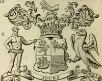 An illustration from The Irish compendium; or, Rudiments of honour. Containing the descents, marriages, issue, titles, posts, and seats of all the nobility of Ireland; with their arms, crests, supporters, mottos and Parliament robes ... Also a supplement, shewing the antiquity, dignity, and use of armories .. (1745)