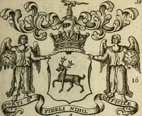 An illustration from The Irish compendium; or, Rudiments of honour. Containing the descents, marriages, issue, titles, posts, and seats of all the nobility of Ireland; with their arms, crests, supporters, mottos and Parliament robes ... Also a supplement, shewing the antiquity, dignity, and use of armories .. (1745)