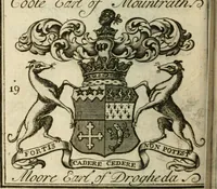 An illustration from The Irish compendium; or, Rudiments of honour. Containing the descents, marriages, issue, titles, posts, and seats of all the nobility of Ireland; with their arms, crests, supporters, mottos and Parliament robes ... Also a supplement, shewing the antiquity, dignity, and use of armories .. (1745)