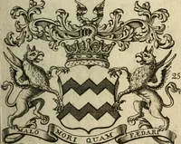 An illustration from The Irish compendium; or, Rudiments of honour. Containing the descents, marriages, issue, titles, posts, and seats of all the nobility of Ireland; with their arms, crests, supporters, mottos and Parliament robes ... Also a supplement, shewing the antiquity, dignity, and use of armories .. (1745)