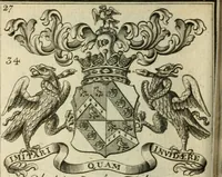 An illustration from The Irish compendium; or, Rudiments of honour. Containing the descents, marriages, issue, titles, posts, and seats of all the nobility of Ireland; with their arms, crests, supporters, mottos and Parliament robes ... Also a supplement, shewing the antiquity, dignity, and use of armories .. (1745)