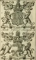 An illustration from The Irish compendium; or, Rudiments of honour. Containing the descents, marriages, issue, titles, posts, and seats of all the nobility of Ireland; with their arms, crests, supporters, mottos and Parliament robes ... Also a supplement, shewing the antiquity, dignity, and use of armories .. (1745)
