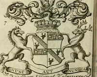 An illustration from The Irish compendium; or, Rudiments of honour. Containing the descents, marriages, issue, titles, posts, and seats of all the nobility of Ireland; with their arms, crests, supporters, mottos and Parliament robes ... Also a supplement, shewing the antiquity, dignity, and use of armories .. (1745)