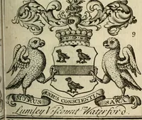An illustration from The Irish compendium; or, Rudiments of honour. Containing the descents, marriages, issue, titles, posts, and seats of all the nobility of Ireland; with their arms, crests, supporters, mottos and Parliament robes ... Also a supplement, shewing the antiquity, dignity, and use of armories .. (1745)