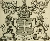 An illustration from The Irish compendium; or, Rudiments of honour. Containing the descents, marriages, issue, titles, posts, and seats of all the nobility of Ireland; with their arms, crests, supporters, mottos and Parliament robes ... Also a supplement, shewing the antiquity, dignity, and use of armories .. (1745)