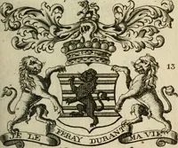 An illustration from The Irish compendium; or, Rudiments of honour. Containing the descents, marriages, issue, titles, posts, and seats of all the nobility of Ireland; with their arms, crests, supporters, mottos and Parliament robes ... Also a supplement, shewing the antiquity, dignity, and use of armories .. (1745)