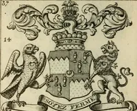 An illustration from The Irish compendium; or, Rudiments of honour. Containing the descents, marriages, issue, titles, posts, and seats of all the nobility of Ireland; with their arms, crests, supporters, mottos and Parliament robes ... Also a supplement, shewing the antiquity, dignity, and use of armories .. (1745)