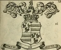 An illustration from The Irish compendium; or, Rudiments of honour. Containing the descents, marriages, issue, titles, posts, and seats of all the nobility of Ireland; with their arms, crests, supporters, mottos and Parliament robes ... Also a supplement, shewing the antiquity, dignity, and use of armories .. (1745)