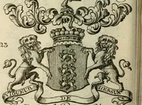 An illustration from The Irish compendium; or, Rudiments of honour. Containing the descents, marriages, issue, titles, posts, and seats of all the nobility of Ireland; with their arms, crests, supporters, mottos and Parliament robes ... Also a supplement, shewing the antiquity, dignity, and use of armories .. (1745)