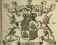 An illustration from The Irish compendium; or, Rudiments of honour. Containing the descents, marriages, issue, titles, posts, and seats of all the nobility of Ireland; with their arms, crests, supporters, mottos and Parliament robes ... Also a supplement, shewing the antiquity, dignity, and use of armories .. (1745)