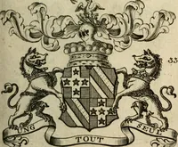 An illustration from The Irish compendium; or, Rudiments of honour. Containing the descents, marriages, issue, titles, posts, and seats of all the nobility of Ireland; with their arms, crests, supporters, mottos and Parliament robes ... Also a supplement, shewing the antiquity, dignity, and use of armories .. (1745)