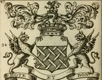 An illustration from The Irish compendium; or, Rudiments of honour. Containing the descents, marriages, issue, titles, posts, and seats of all the nobility of Ireland; with their arms, crests, supporters, mottos and Parliament robes ... Also a supplement, shewing the antiquity, dignity, and use of armories .. (1745)