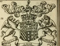 An illustration from The Irish compendium; or, Rudiments of honour. Containing the descents, marriages, issue, titles, posts, and seats of all the nobility of Ireland; with their arms, crests, supporters, mottos and Parliament robes ... Also a supplement, shewing the antiquity, dignity, and use of armories .. (1745)